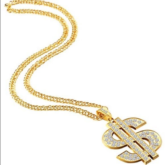 Zara $ Money Gold + Clear Crystals Link Chain Necklace Hip Hop - Picture 7 of 16